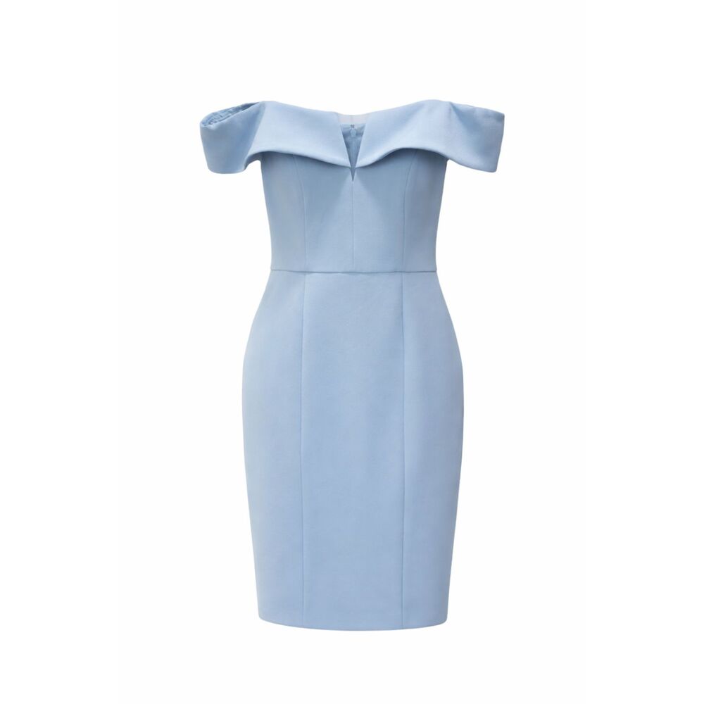 Vince Camuto Sheath Dress 4 Light Blue Off Shoulder V-Notch Midi Crepe $148